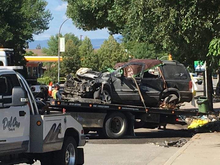 The van involved in the crash being taken away from the scene at Highway 33 and Bryden Road.