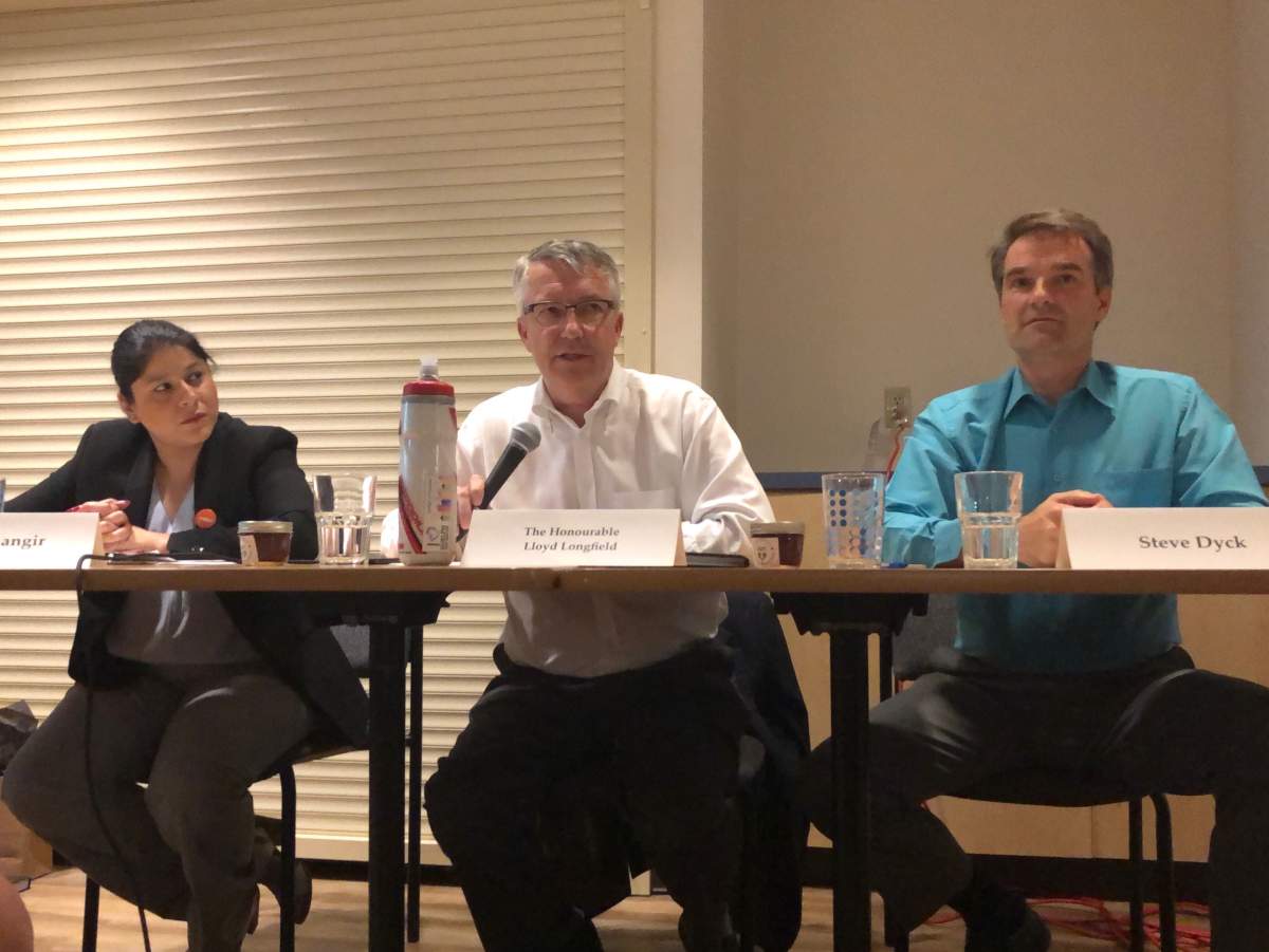 Liberal incumbent Lloyd Longfield (centre), along with Green Party candidate Steve Dyck (right) and the NDP's Aisha Jahangir (left) were all part of a discussion on food insecurity on Tuesday.