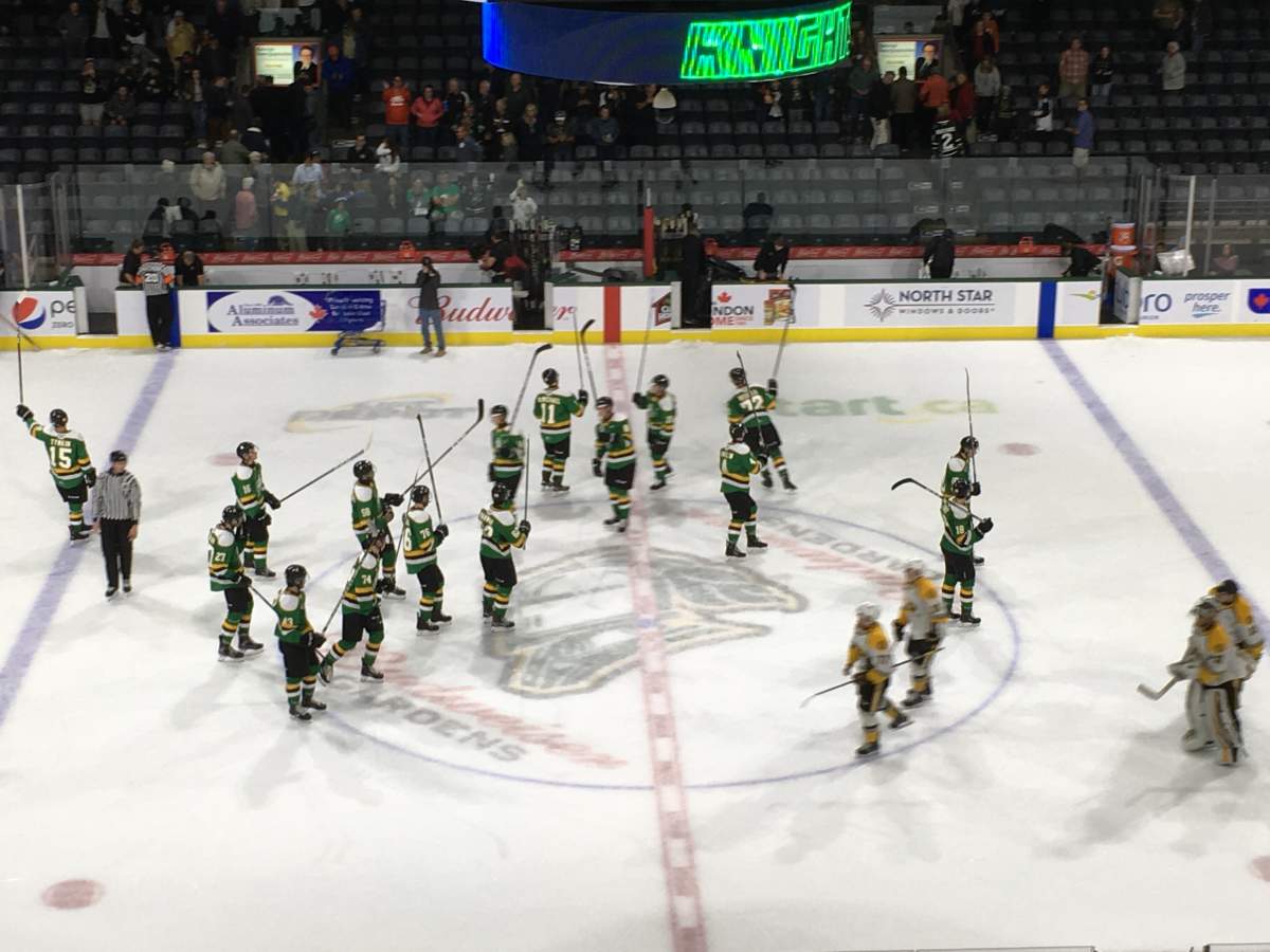 The London Knights celebrate an exhibition win over the Sarnia Sting.