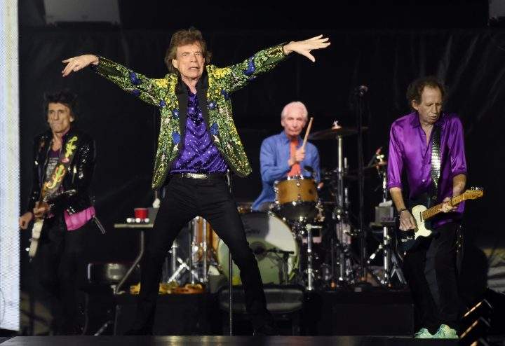 From left, Ron Wood, Mick Jagger, Charlie Watts and Keith Richards of the Rolling Stones perform at the Rose Bowl, Thursday, Aug. 22, 2019.