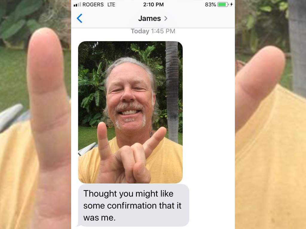 A text message conversation between Metallica frontman James Hetfield and Dee Gallant, the woman who scared off a wild cougar using the band’s music, on Aug. 2, 2019.