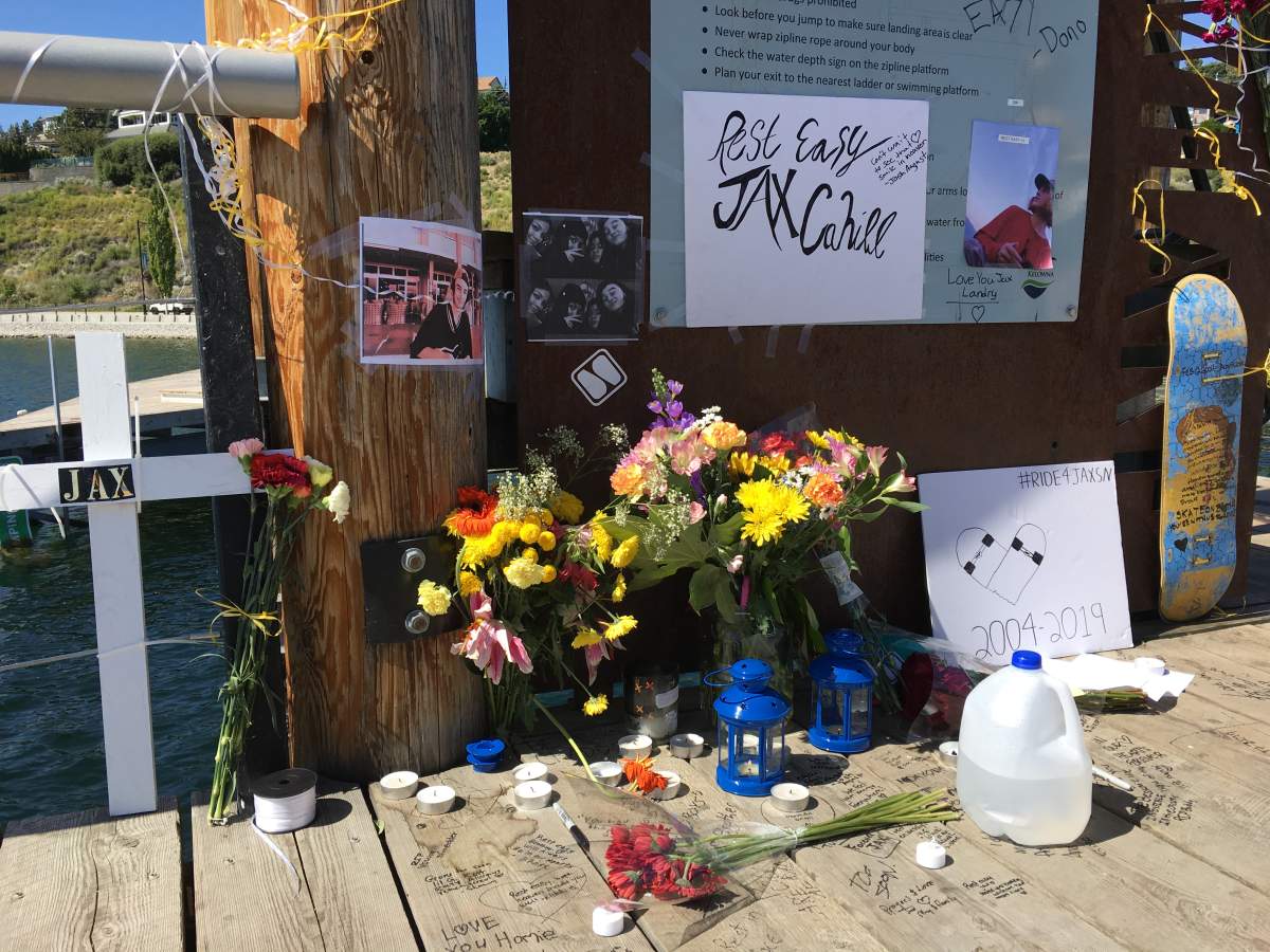 A memorial for 15-year-old Jaxsn Cahill who died on Saturday after jumping into Okanagan Lake. 