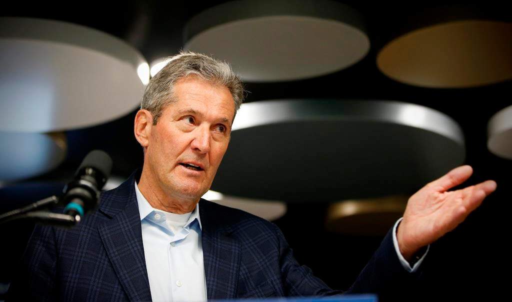 Manitoba PC leader and premier Brian Pallister speaks during a press conference at a medical clinic in Winnipeg, Monday.
