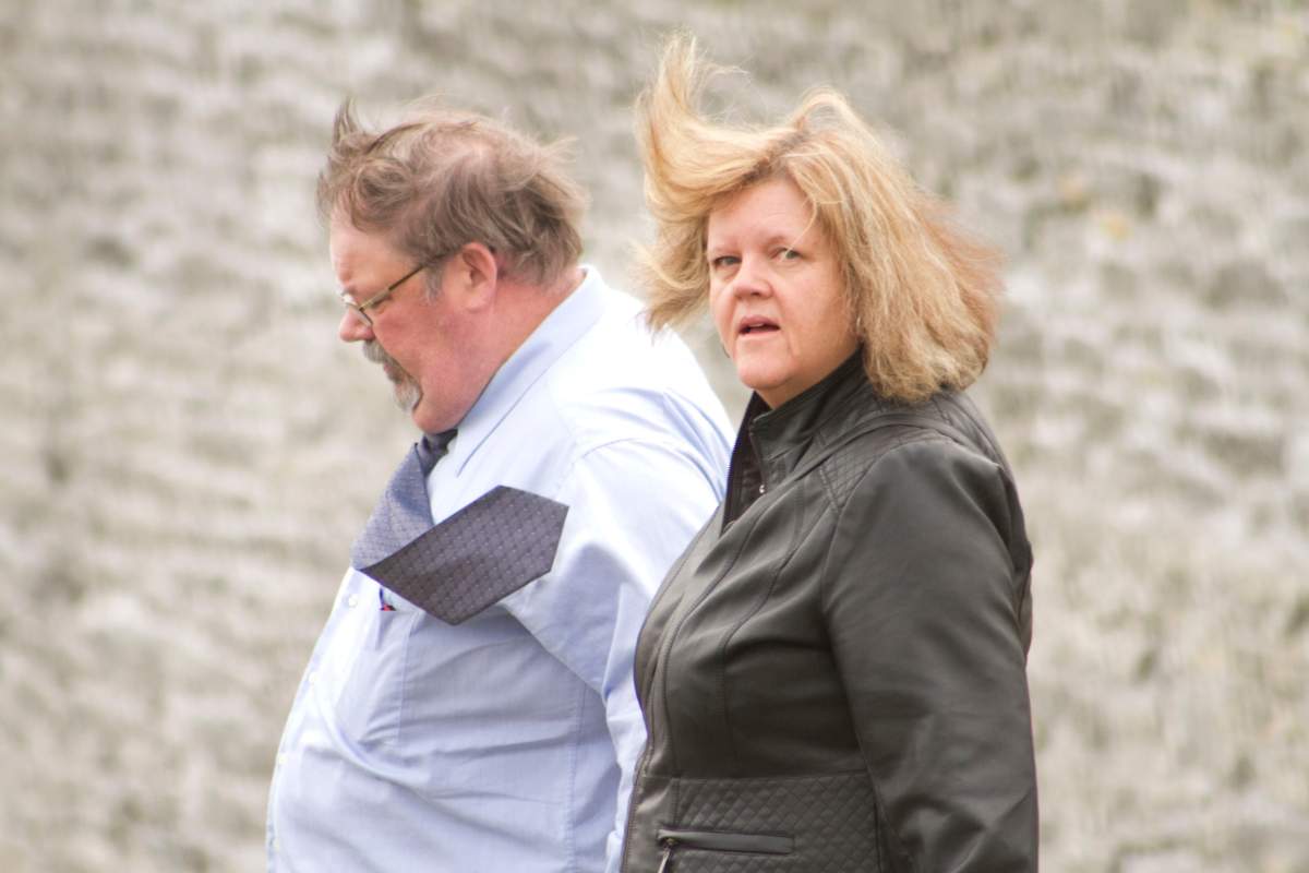 Karen Bagshaw leaves Peterborough Superior Court of Justice alongside husband Fred on April 18, 2019 in Peterborough. Bagshaw has been sentenced to seven years in prison.