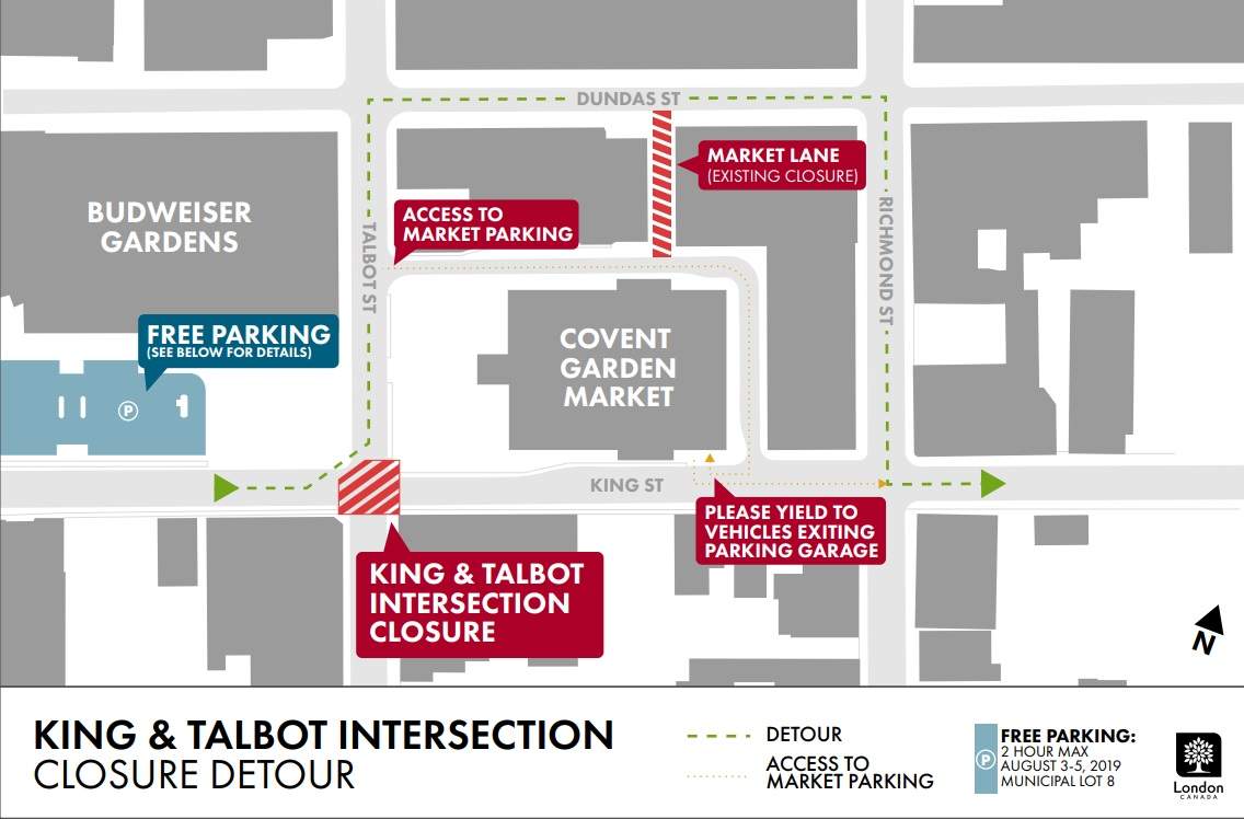 The city of London has released a map detailing the closure of the Talbot and King Street intersection.