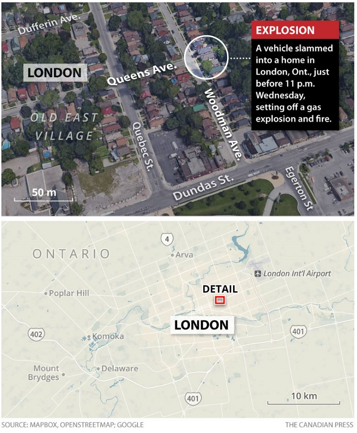 Wednesday’s house explosion in London took place in the city’s Old East Village neighbourhood, just east of the downtown.