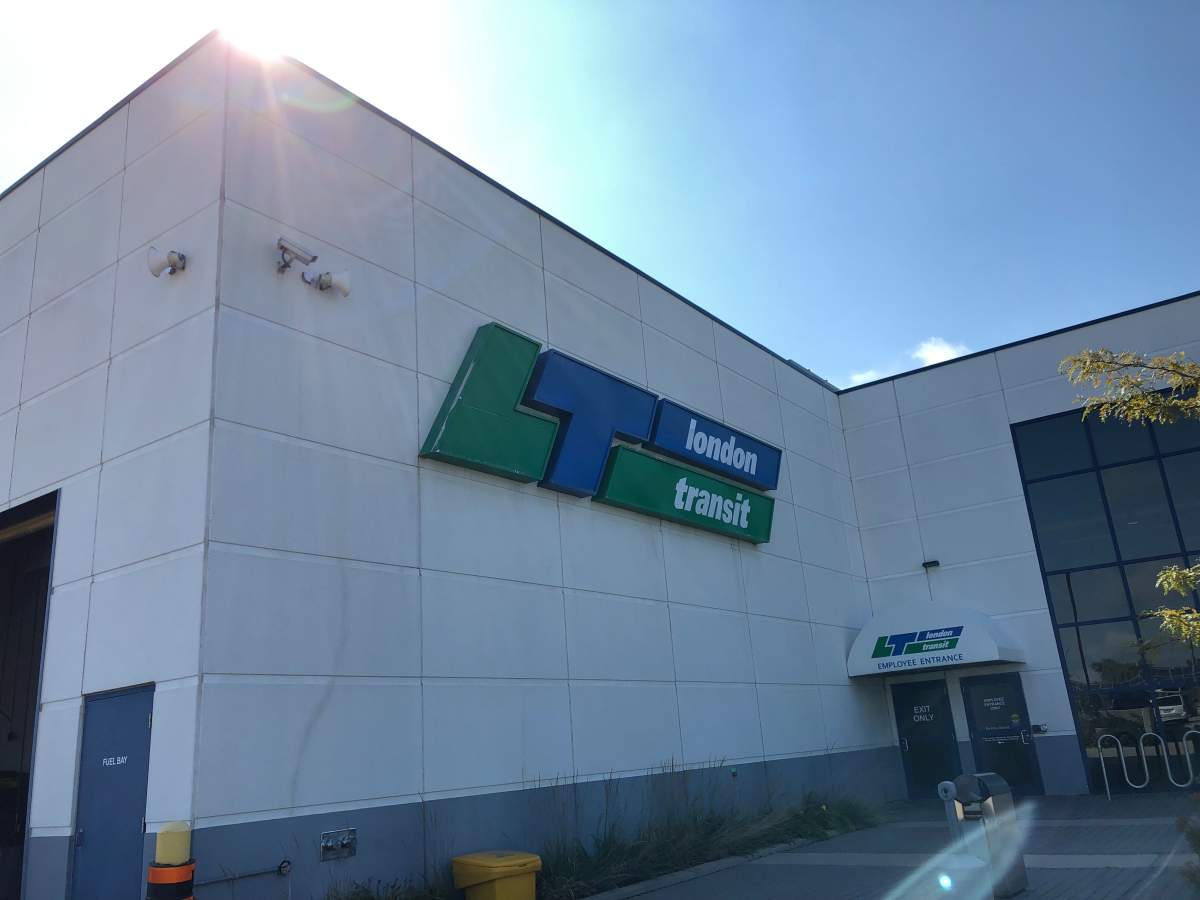A close-up image of the London Transit Commission's satellite facility on Wonderland Road South under a bright sunny blue sky.