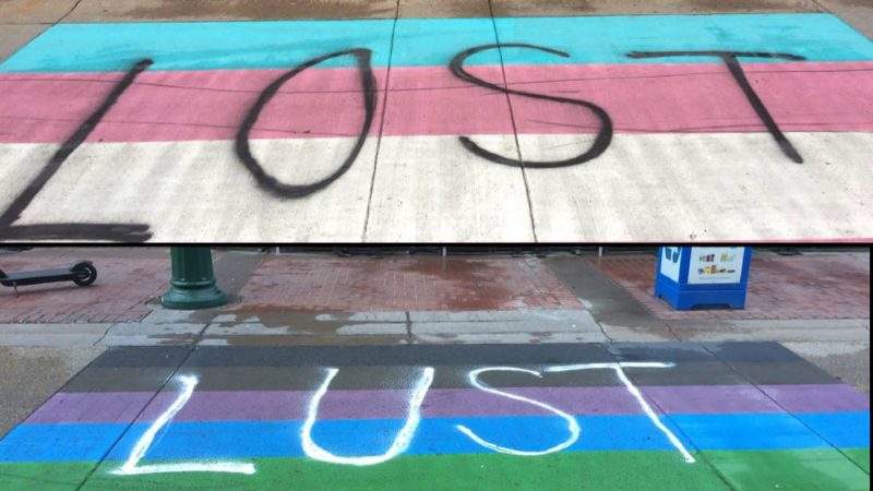 The Pride and trans Pride crosswalks in downtown Calgary were vandalised at around 4:15 a.m. on Wednesday, Aug. 14, 2019.