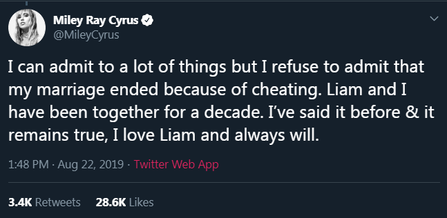 Miley Cyrus denies cheating on Liam Hemsworth in Twitter rant - image