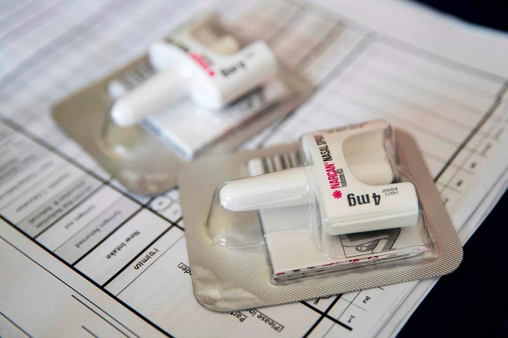 This July 3, 2018 file photo shows a Narcan nasal device which is used on those overdosing from opiods.