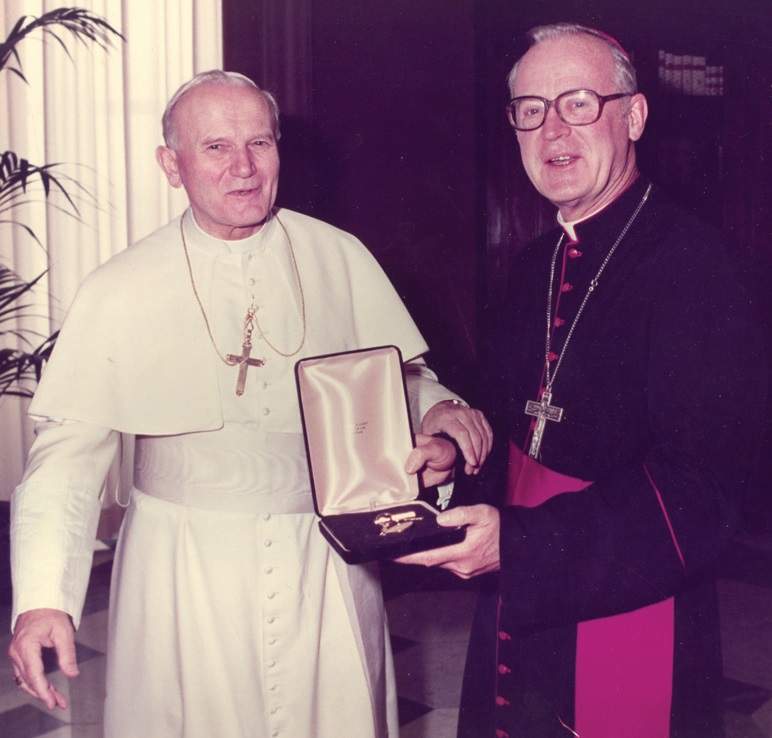 Pope Saint John Paul II with Bishop John Sherlock in 1984.