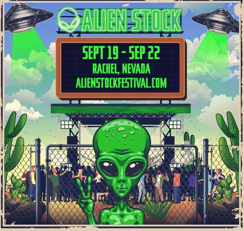 A cartoon alien is shown on the poster for Alienstock, a music festival slated to occur in Rachel, Nev., from Sept. 19-22, 2019.