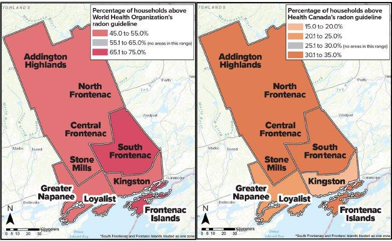 On the left, the map shows the concentraion of radon above the World Health Organization’s level of acceptable radon in the home. On the right, that level is adjusted to meet the Health Canada guideline.