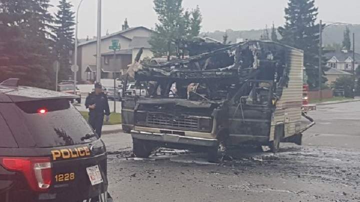 Calgary firefighters responded to a fully engulfed vehicle at 46 Avenue N.W. near 77 Street N.W. after 9:30 a.m.
