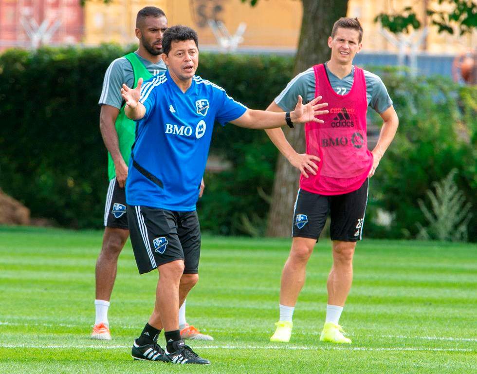 In this August 22, 2019 file photo, the Montreal Impact's newly appointed head coach Wilmer Cabrera conducts his his practice in Montreal.