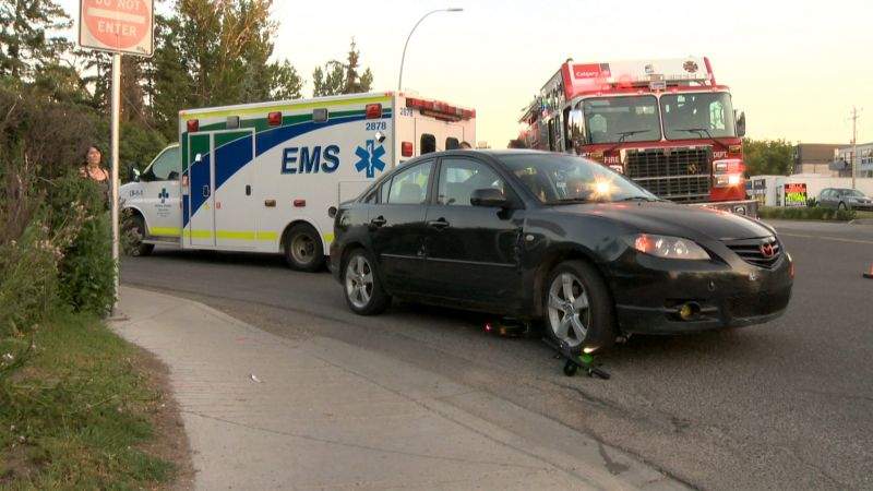 Calgary emergency crews responded to 14 Street and 25 Avenue N.E. on Thursday, Aug, 1, 2019 after a collision between a car and a Lime electric dockless scooter.