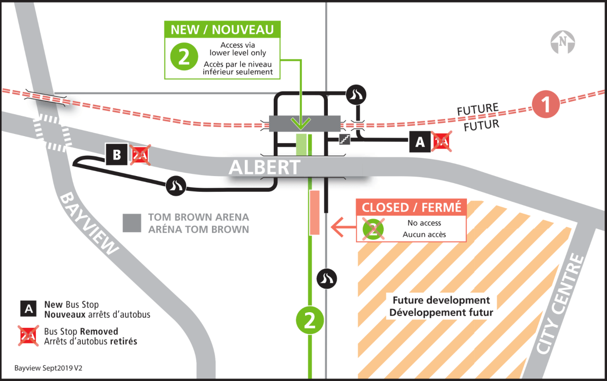 A map demonstrating the relocation of the Trillium Line platform to the lower level of the new Bayview transit station off Albert Street.