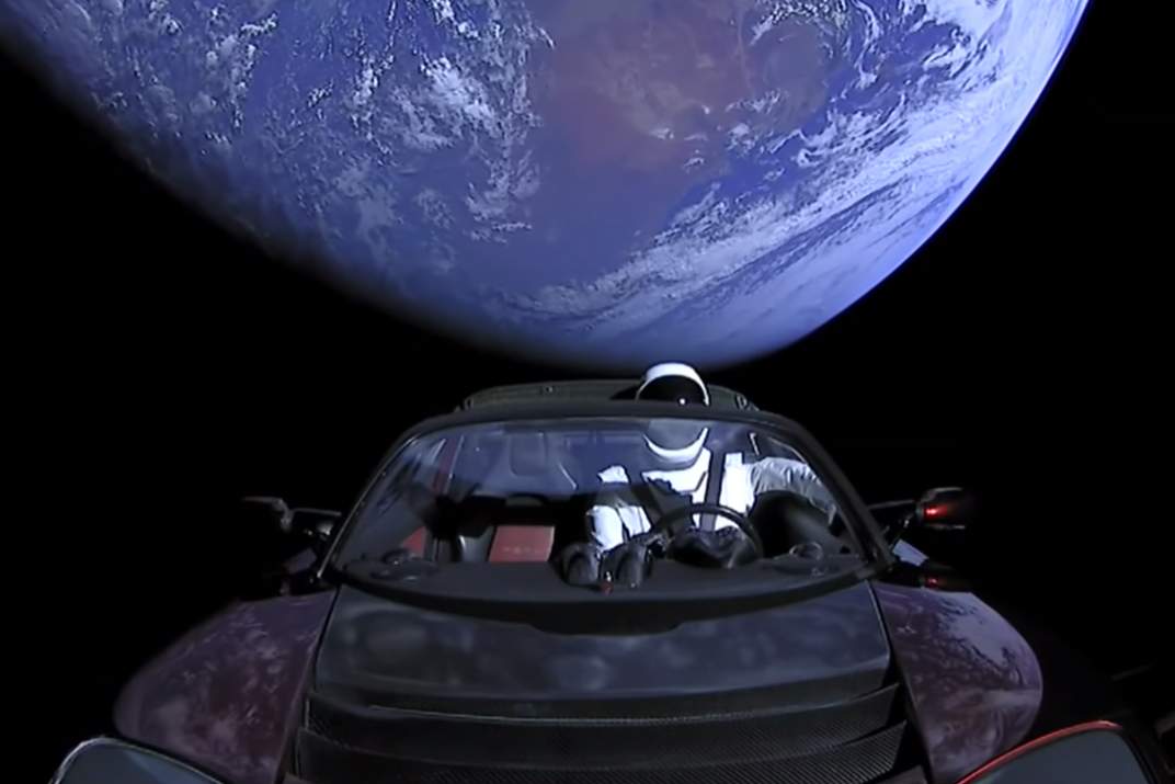 A dummy dubbed “Starman” is shown aboard a Tesla Roadster that Elon Musk launched into space on a SpaceX Falcon Heavy Rocket on Feb. 6, 2018.