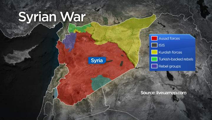A map showing areas of Syria under the control of the Assad regime and other armed forces.