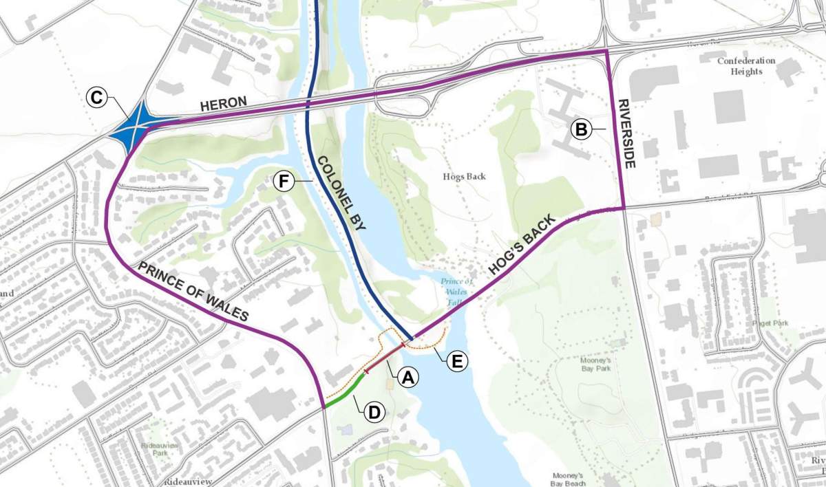 An image showing the detour to be used while the Hog’s Back bridge is closed for construction until May 2020.