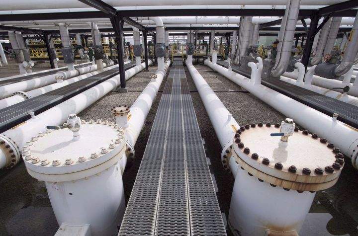 Pipes are seen at the Kinder Morgan Trans Mountain facility in Edmonton, Alta., Thursday, April 6, 2017. 