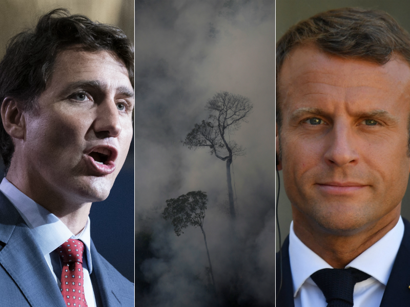 Left, Prime Minister Justin Trudeau. Middle, the Amazon rainforest on fire. Right, French President Emmanuel Macron.