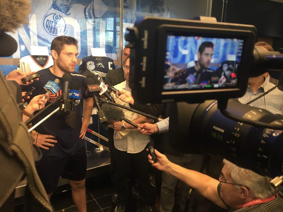 Leon Draisaitl speaks to media at medicals for Edmonton Oilers. Sept. 12, 2019.