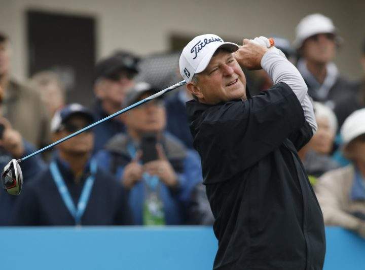 Wes Short Jr., of Austin, Texas, tees off during the PGA Tour Champion’s Shaw Charity Classic golf event in Calgary, Alta., Sunday, Sept. 1, 2019.