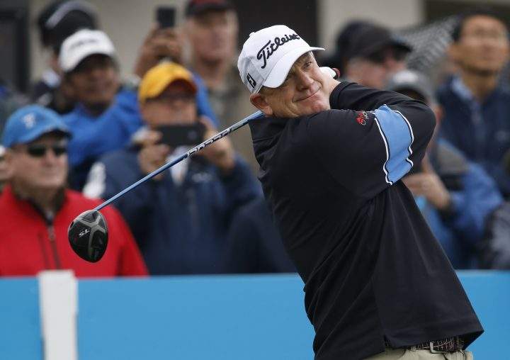 Tom Gillis, of Lake Orion, Mich., tees off during the PGA Tour Champion’s Shaw Charity Classic golf event in Calgary, Alta., Sunday, Sept. 1, 2019.