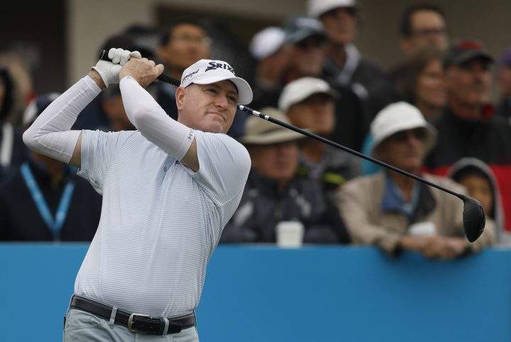 Steve Flesch, of Union, Ky., tees off during the PGA Tour Champion's Shaw Charity Classic golf event in Calgary, Alta., Sunday, Sept. 1, 2019. 