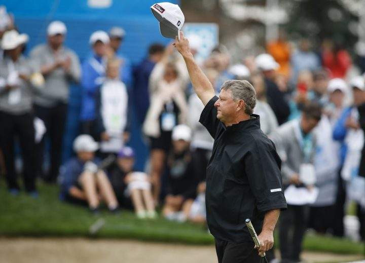 Wes Short Jr., of Austin, TX, celebrates winning the PGA Tour Champion’s Shaw Charity Classic golf event in Calgary, Sunday, Sept. 1, 2019.