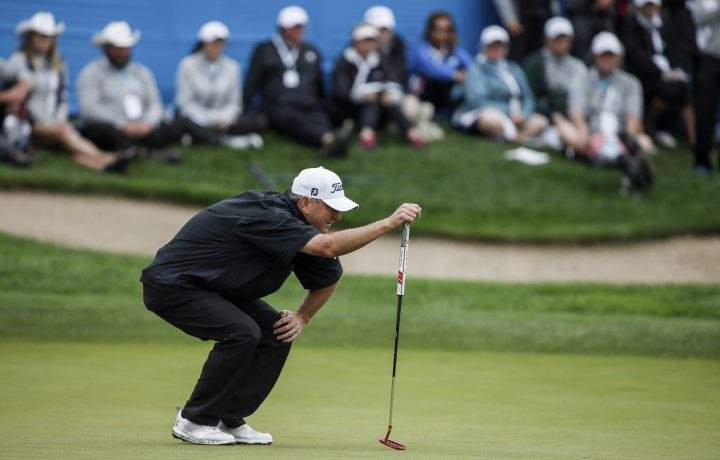 Wes Short Jr., of Austin, TX, lines up his putt on the 18th green during the PGA Tour Champion’s Shaw Charity Classic golf event in Calgary, Sunday, Sept. 1, 2019.