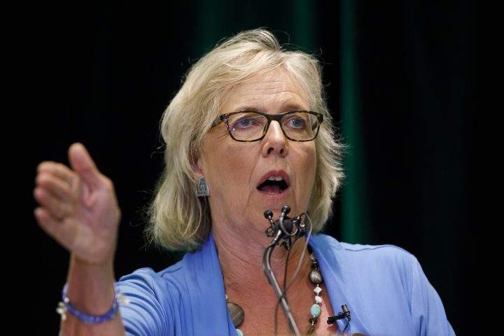 Green Party of Canada Leader Elizabeth May speaks with Toronto-area candidate Annamie Paul during a fireside chat about the climate in Toronto on Tuesday, Sept. 3, 2019.