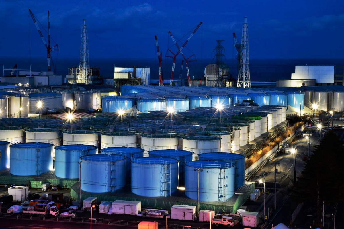 Water tanks containing contaminated water that has been treated at the Fukushima Dai-ichi nuclear plant in Okuma town, Fukushima prefecture, northeastern Japan on Jan. 25, 2019.