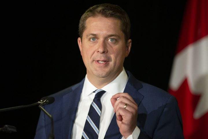 Conservative Party Leader Andrew Scheer addresses journalists during a news conference.