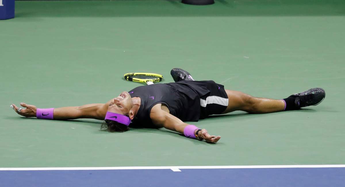 Rafael Nadal of Spain reacts after defeating Daniil Medvedev of Russia during the men's final match on the fourteenth day of the US Open Tennis Championships the USTA National Tennis Center in Flushing Meadows, New York, USA, 08 September 2019. The US Open runs from 26 August through 08 September.  