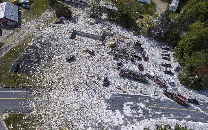 An aerial view of the devastation after an explosion at the Life Enrichment Advancing People (LEAP) building, in Farmington, Maine killed one firefighter and injured multiple other people, on Monday morning Sept. 16, 2019.