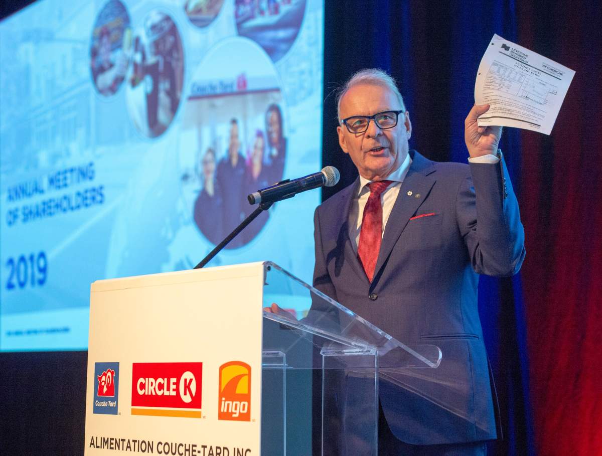 Couche-Tard founder and chairman Alain Bouchard speaks to shareholders the company's annual meeting Wednesday, September 18, 2019 in Laval, Que.