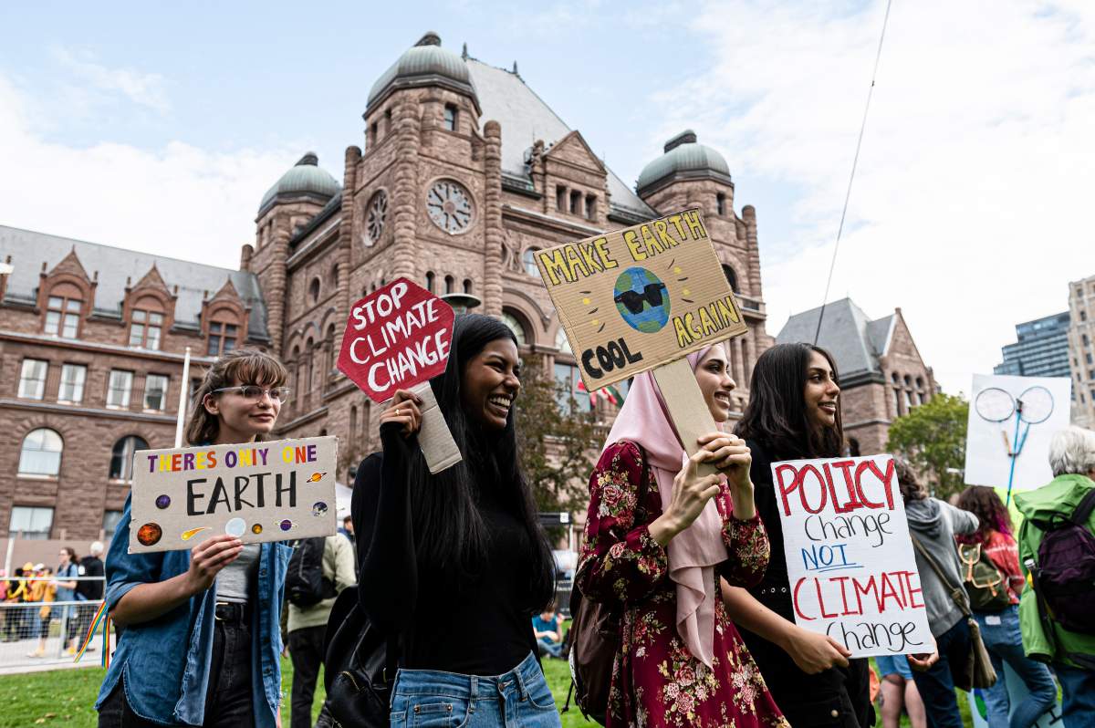 People gather at a climate change protest in Toronto on Friday, Sept. 27, 2019. THE CANADIAN PRESS/Christopher Katsarov
