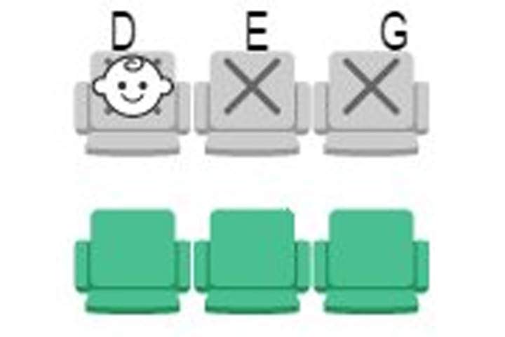 An icon shows where a baby is sitting in this seating map from Japan Airlines.
