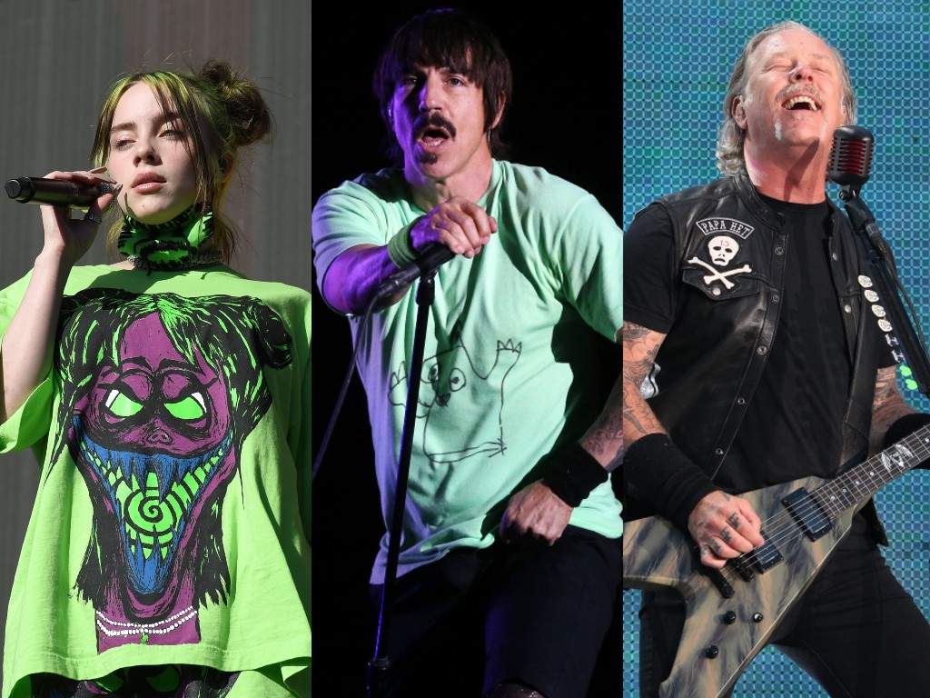 (L-R) Billie Eilish, Anthony Kiedis of Red Hot Chili Peppers and James Hetfield of Metallica. All three artists are set to perform at Global Citizen’s 2020 ‘Global Goal Live’ charity event.