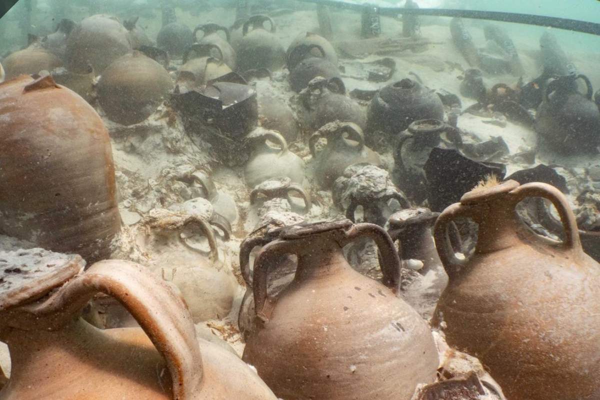 Dozens of amphorae are shown in a shipwreck off the coast of Mallorca in this photo released by Mallorca’s ministry of culture.
