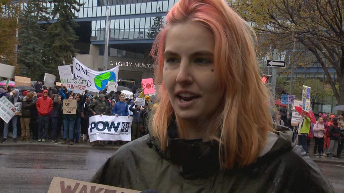 Student Larissa Shannon speaks at the Fridays for Future climate change rally at Calgary’s city hall on Friday, Sept. 27.