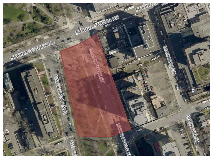 The Halifax Regional Municipality says the red highlighted area is now closed to the public due to the collapse of a construction crane during Hurricane Dorian.