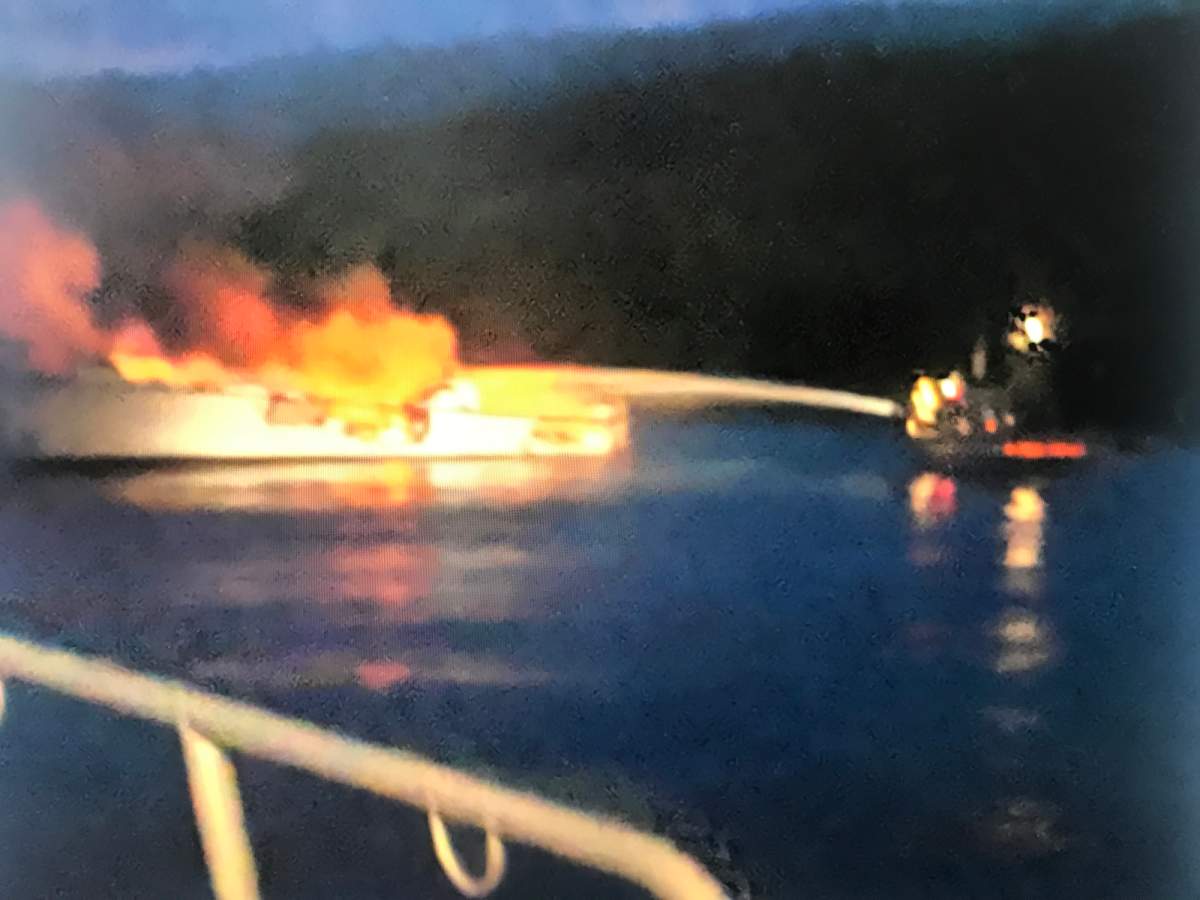 Photo shows efforts to fight the fire aboard the diving vessel Conception near Santa Cruz Island in California.