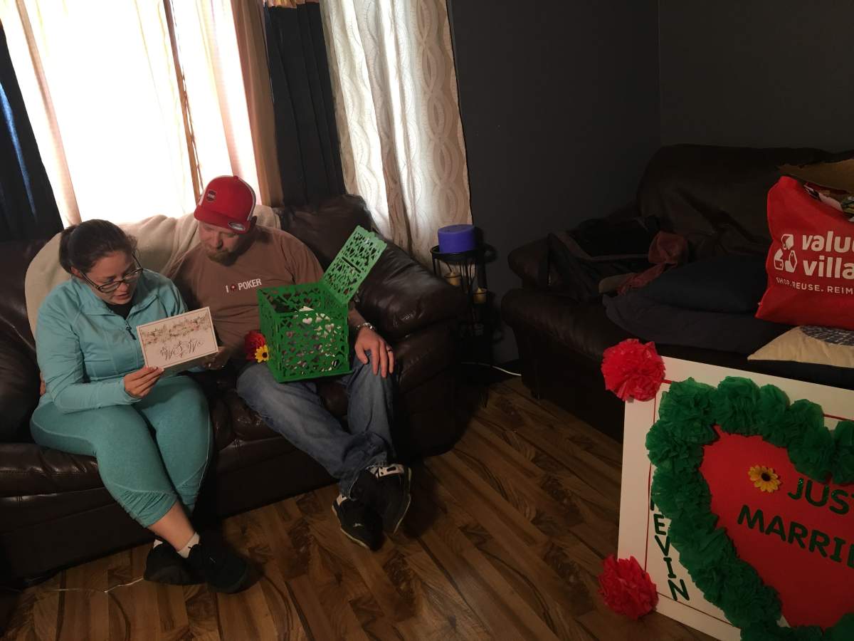 Couple going through wedding cards.