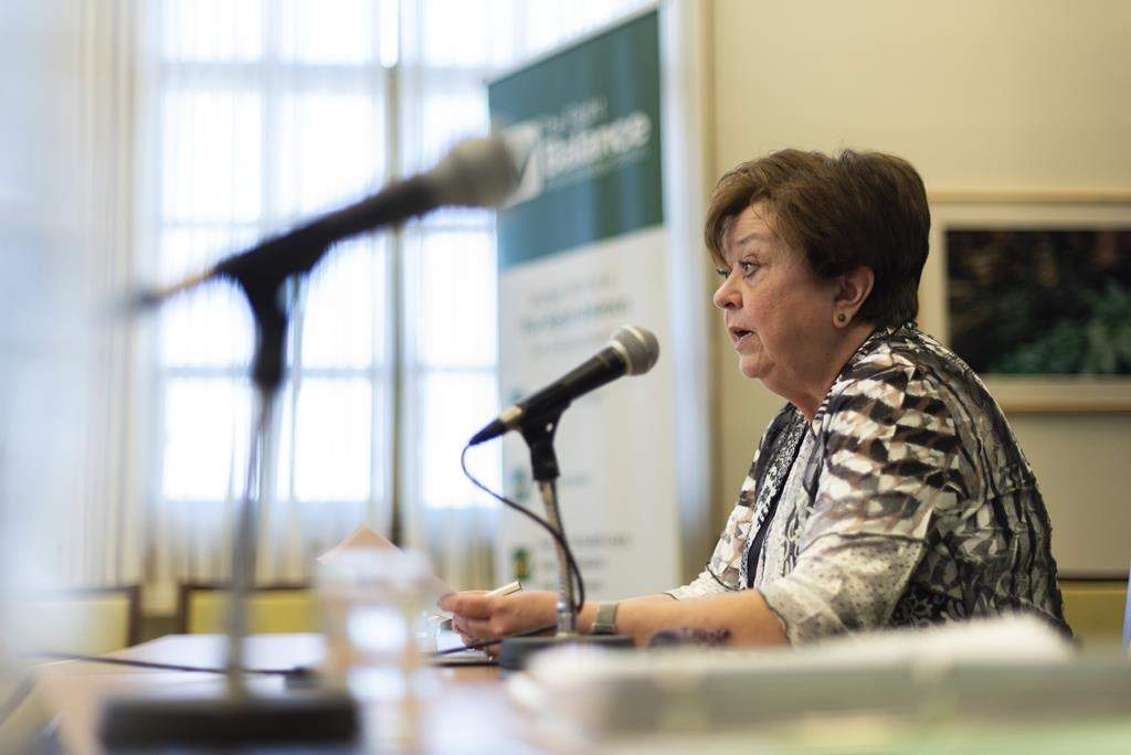Finance Minister Donna Harpauer arrives to a morning press conference during Budget Day at Legislative Building in Regina, Saskatchewan on Wednesday March 20, 2019.