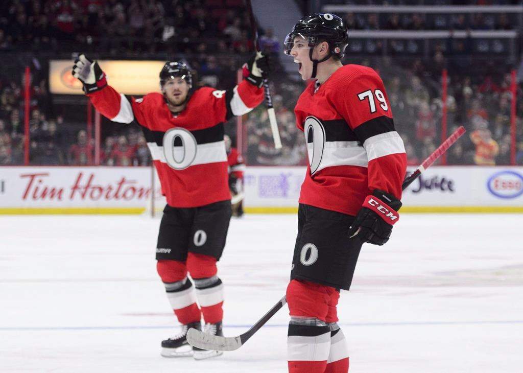 Ottawa Senators right wing Drake Batherson (79) celebrates his first NHL goal as the Ottawa Senators take on the Detroit Red Wings during second period NHL hockey action in Ottawa on Thursday, Nov. 15, 2018. Batherson hopes to make the Ottawa Senators in his last year of his entry-level contract. The fourth-round pick has had a taste of NHL success, but now must garner the attention of new Ottawa head coach D. J. Smith.