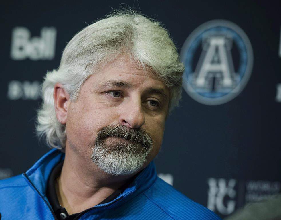 Toronto Argonauts' general manager Jim Popp speaks to media at the Argo practice facility in Toronto, on Wednesday, November 29, 2017.