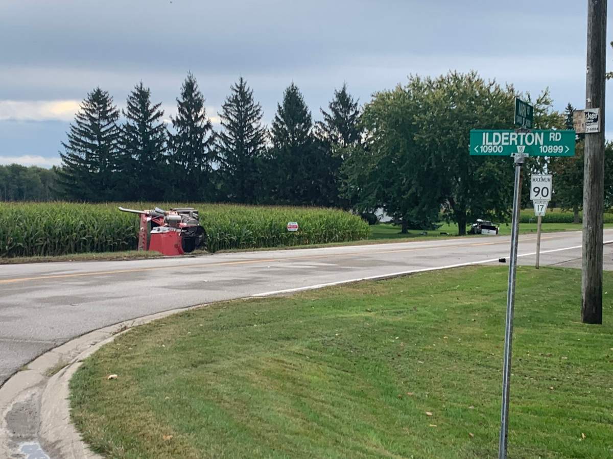 Two vehicle collision involving a passenger vehicle and commercial motor vehicle on Nairn Road at Ilderton Road, in the Municipality of Middlesex Centre.